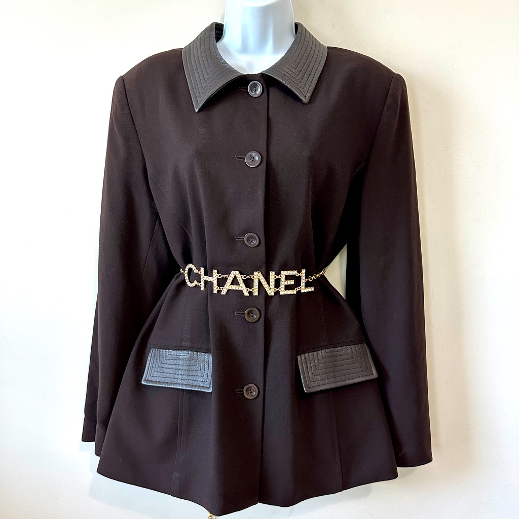 Vintage Brown Wool & Leather Contrast Blazer Jacket By Oscar De La Renta Size 14